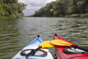 Kayaking on the river.