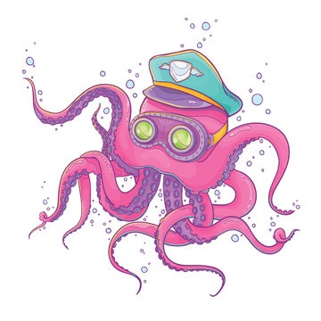 Vector Illustration of Pink Octopus Wearing Captain Hat and Steampunk Goggles