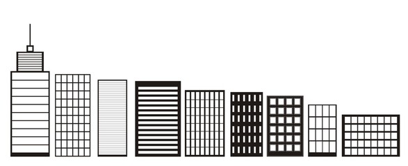 Skyscrapers and Houses, Black and White color Icons Buildings and City skyline icon vector Concept of downtown elements isolated on White Background Town landscapes Flat Style modern logo design