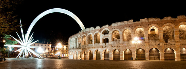 Arena aimphitheater in Verona with a special comet star installed for Christmas holidays - obrazy, fototapety, plakaty