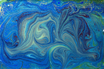 Blue, green and golden liquid texture, watercolor hand drawn marbling background
