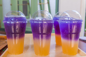 Butterfly pea juice with soda Soft drinks in plastic cups