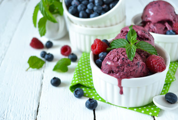 Summer cold dessert - blueberry ice cream with mint 