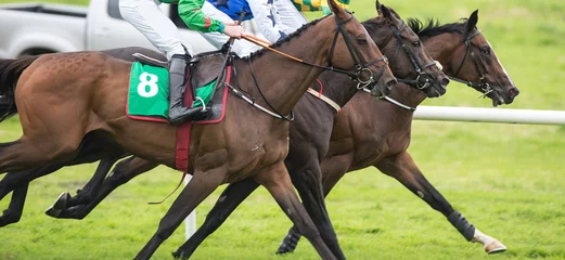 Papier Peint photo Lavable Léquitation Three horses neck and neck competing on the track