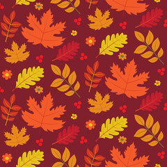 Obraz premium Seamless autumn vector texture with leaves of maple, oak. Pattern for background, wallpaper, web, print, cloth, fabric