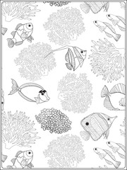 Fototapeta premium Pattern with decorative corals and sea or aquarium fish. Anti stress coloring book for adult. Outline drawing coloring page.