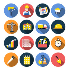 Set of construction icons in flat design with long shadows