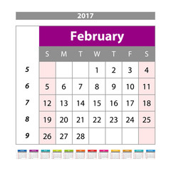Vector planning calendar February 2017 Monthly scheduler. Week starts on Sunday.
