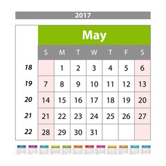 May 2017. Wall Monthly Calendar for 2017 Year. Vector Design Print Template with Place for Photo. Week Starts Sunday. Planner Template. Stationery Design