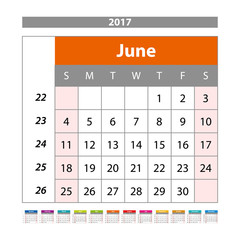 Calendar Planner for 2017 Year. Vector Design Template. June. Week Starts Monday. Stationery Design