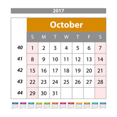 Desk Calendar for 2017 Year. October. Vector Design Print Template with Place for Photo. Week Starts Monday