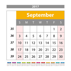 Desk Calendar for 2017 Year. September. Vector Design Print Template with Place for Photo. Week Starts Monday