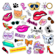 Fashion patch badges. Cats and dogs set. Set of stickers, pins, patches and handwritten notes collection in cartoon 80s-90s comic style. Trend. Vector illustration isolated. Vector clip art.
