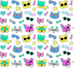Seamless pattern with cats and dogs. Pop art. Funy, beautiful, cute. Vector.Stickers, pins, patches handwritten notes collection in cartoon 80s-90s comic style. Trend. Vector clip art
