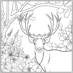 Coloring page with deer in forest.