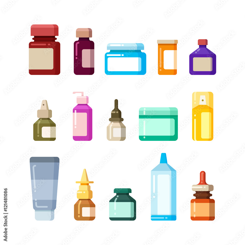 Sticker medicine bottles for drugs, pills and vitamins flat vector icons