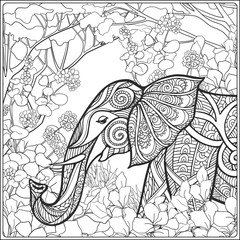 Coloring page with elephant in forest.