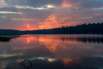 lake sunrise pink clouds sky