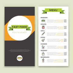 Fast food restaurant and cafe menu vector template with flat line icons