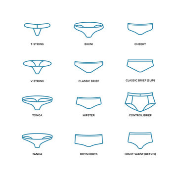 Female underwear, panties, bikini different types in thin line vector style