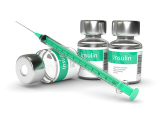 3d rendering of insulin vials and syringe isolated over white - obrazy, fototapety, plakaty