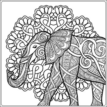 Coloring page with elephant in decorative mandala frame.