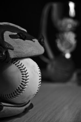 Close-up of a Baseball leather glove with ball and trophy behind on a wooden surface. Baseball themed photograph