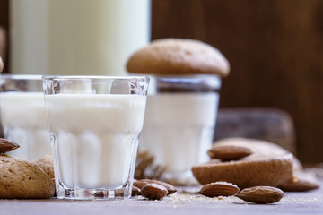 Cow's milk in the bottle and a glass and cookies with almond ama