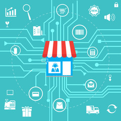 Online shopping and business marketing concept with flat icons design. Vector illustration