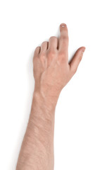 Close up view of a man's hand touching something with his forefinger isolated on white background