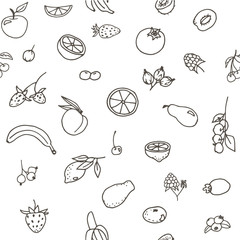 Doodle seamless pattern with different fruits: banana, apple, strawberry, apricot, pear, berries, lemon, orange etc. Line art illustrations.