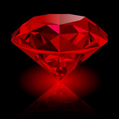 Realistic red ruby with reflection and red glow isolated on black background. Shining red jewel, colorful gemstone. Can be used as part of logo, icon, web decor or other design.