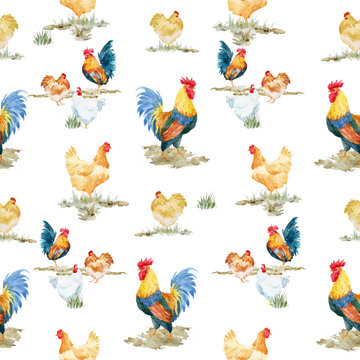 Watercolor cock rooster pattern