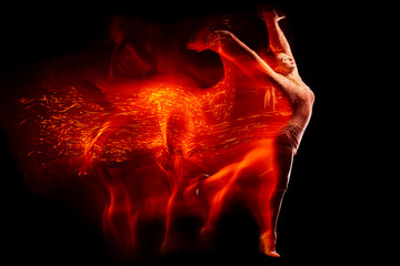 Fine art portrait of beautiful woman dancer in red sparkles