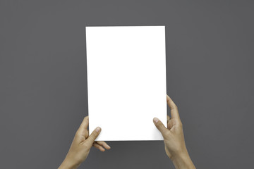 Closeup Blank White Paper Sheet Mockup Holding Female Hands Abstract Gray Background.