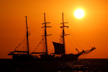 sailing ship in sunset