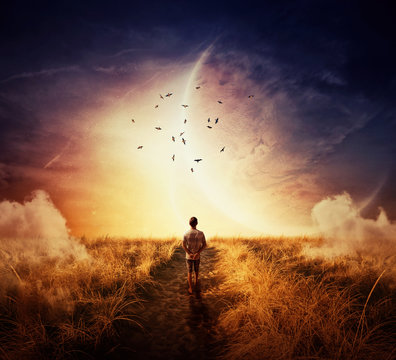 Boy walking on a pathway with a relax mood, following a group of birds on the space horizon. Way of life concept