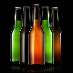 Set of beer bottles with clipping path isolated on black gradient background