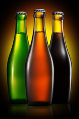 Set of beer bottles with clipping path isolated on black gradient background
