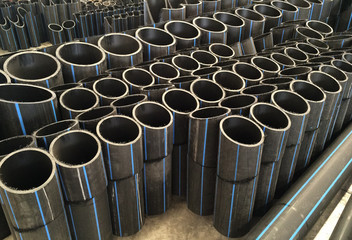 HDPE pipes waiting for examining in the industry factory, cuttin