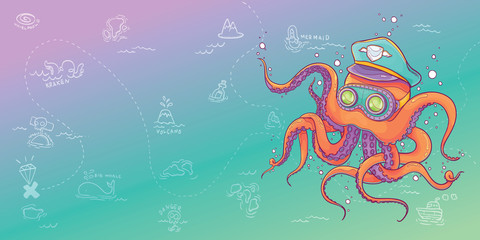 Vector Illustration of Orange Octopus Wearing Captain Hat and Steampunk Goggles with Treasure Map Background, For Banner and Printing
