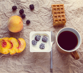 Fototapeta na wymiar Healthy breakfast ingredients. Top view
