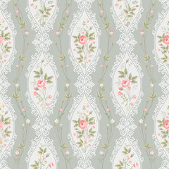 seamless floral pattern with lace and rose borders - 121490670