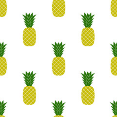 Fresh Ripe Pineapple Seamless Pattern on White. Tropical Fruit Background.