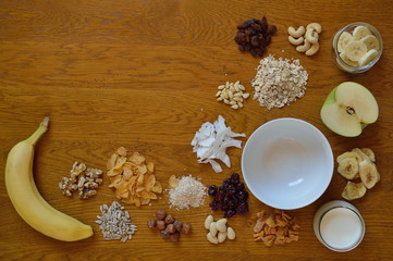 M&uuml;slischale auf Fr&uuml;hst&uuml;ckstisch mit einzelnen Bestandteilen eines M&uuml;slis darum herum