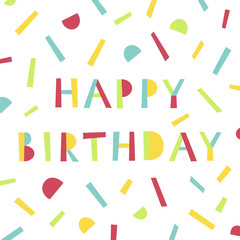 Happy Birthday card in memphis style. Modern colorful template for invitation. Vector illustration.