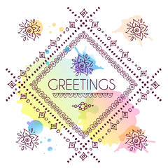 Doodle decorative frames in tribal style.Vector sketch of a frame on the background watercolor stains.