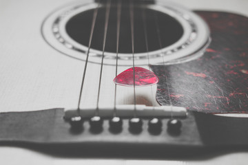 Part of guitar and guitar pick body close up