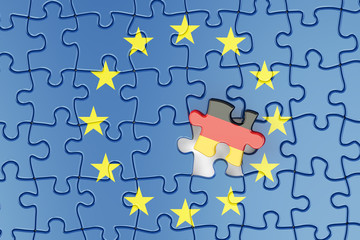 Germany and EU puzzles from flags, relation concept. 3d renderin