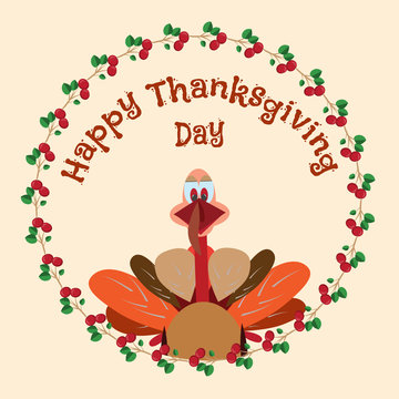 Vector illustration of Happy Thanksgiving Day design element with cartoon turkey and cranberries
